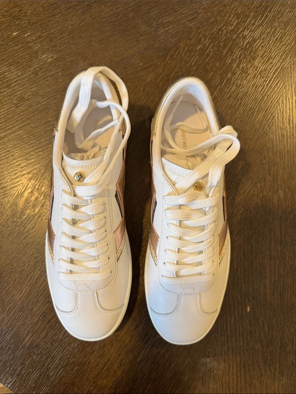 Stuart Weitzman White Sneakers with Metallic Rose Gold and Silver Accents